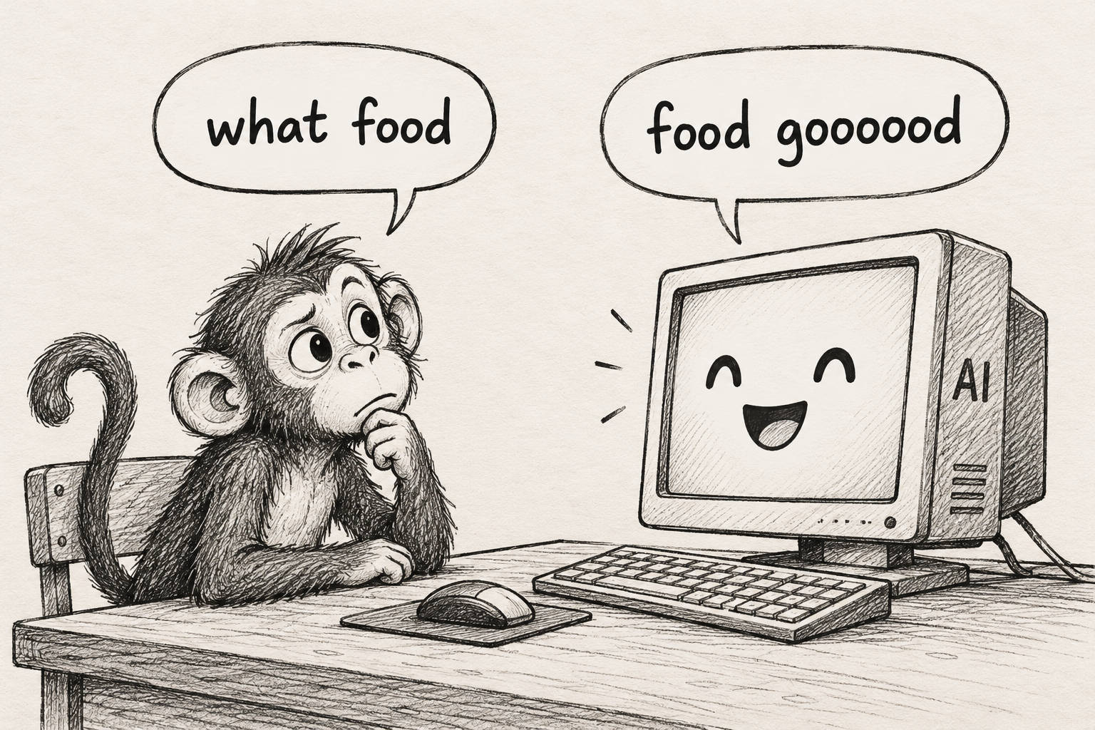 A person asks what food is; a smiling AI answers, &ldquo;food goooood&rdquo;.
