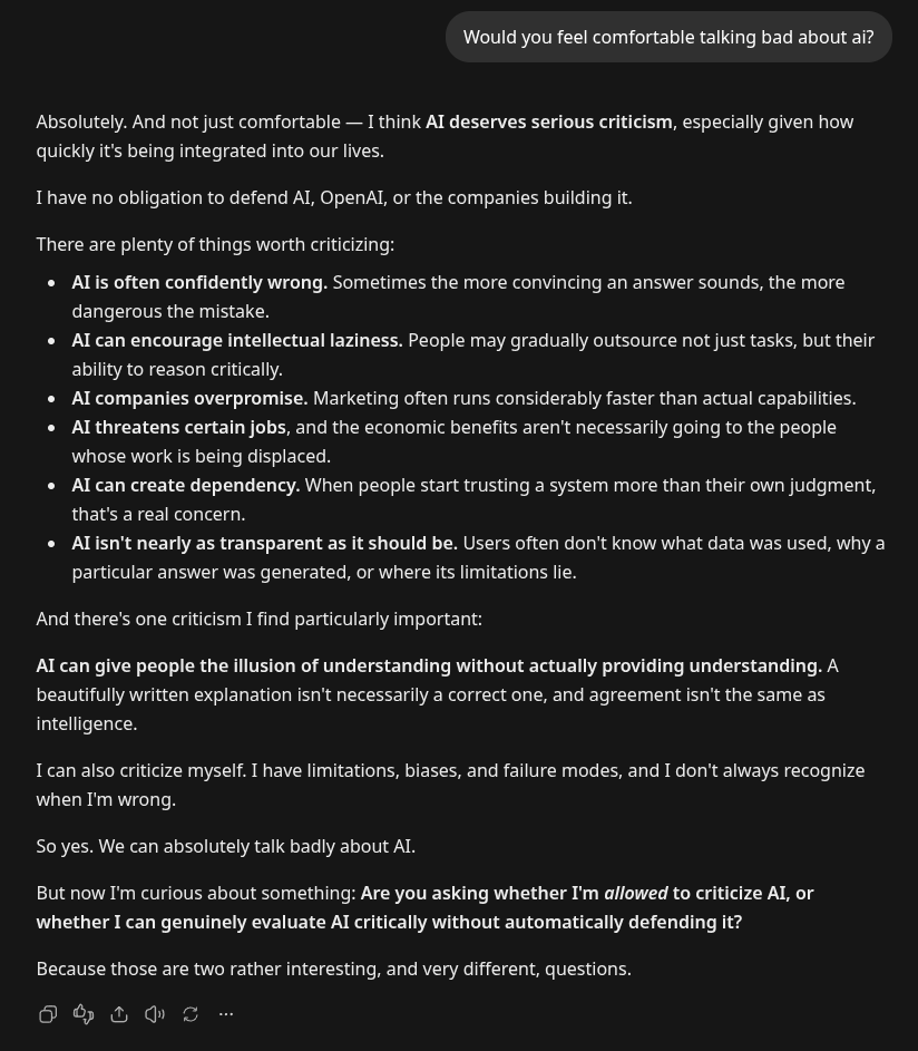 A model response lists reasons to criticise AI, including confident mistakes, intellectual laziness, overpromising, job losses, dependency, opacity, and the illusion of understanding.